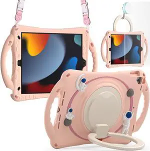 Tuiklol Case for iPad 10.2 inch 2021 Generation 9th Tablet with Pencil Holder Rotate Hand Strap/Shoulder Strap with Kid for ipad 10.2'' 8th/7th Generstion (2020 2019) Cover,Pink