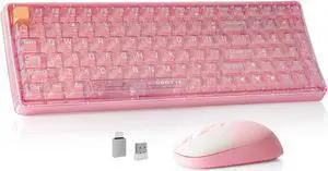 Wireless Transparent Keyboard and Mouse Combo, UBOTIE Pink 100keys 2.4GHz USB Receiver Keyboard Mouse Set with Adjustable DPI Optical Mouse for PC Laptop