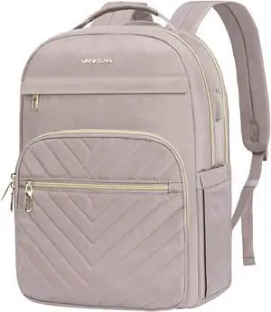 VANKEAN 17.3 Inch Laptop Backpack for Women Work Laptop Bag Fashion with USB Port, Waterproof Backpacks Stylish Travel Bags Casual Daypacks for College, Business, Light Dusty Pink
