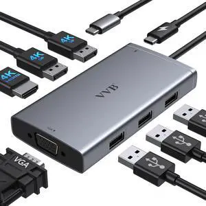 USB C Docking Station Dual Displayport Monitor Adapter for Dell/HP/Lenovo Laptop, Laptop Docking Station 3 Monitors with HDMI 4K+2 DP+VGA USB-C Hub Quadruple Display, USB C Dock to 100W PD+3USB
