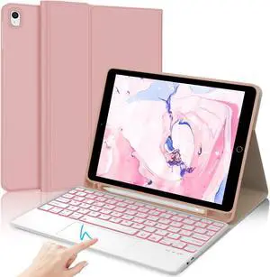 iPad 9th Generation Case with Keyboard 10.2", Detachable Wireless Keyboard with Smart Touchpad, 7 Color Backlit, Slim Folio Cover with Pencil Holder for iPad 8th/7th Gen/iPad Air 3rd Gen, Rose Gold