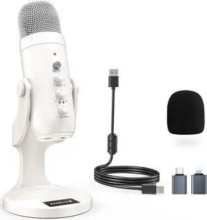 ZealSound USB Microphone,Quick Mute Noise Cancel for Phone Computer PC PS5,Gaming Microphone with Gain Control,Echo Monitor Volume Adjust for Streaming Vocal Recording ASMR Podcast Video K66 White