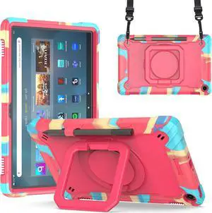 zukof Case for  Fire Max 11 inch Tablet (13th Generation, 2023 Release) Hybrid Shockproof 360 Rotating Multi-Functional Ring Stand Case with Shoulder Straps (Rainbow/Pink)