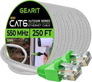 GearIT Cat6 Outdoor Ethernet Cable (250 Feet) CCA Copper Clad, Waterproof, Direct Burial, In-Ground, UV Jacket, POE, Network, Internet, Cat 6, Cat6 Cable - 250ft