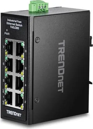 TRENDnet 8-Port Industrial Fast Ethernet DIN-Rail Mini Switch, TI-ELC80, 8 x 10/100Mbps Ports, IP30 Rated Housing, 1Gbps Switching Capacity, Black