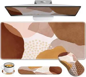 Anyshock Large Mouse Pad with Wrist Rest and Keyboard Pad, Desk Pad Mat Set, 4PCS Carpal Tunnel Boho Mousepad with Wrist Support Combo, XXL Computer Office Desk Matt for Desktop Laptop, Brown Coffee