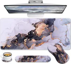 Anyshock Desk Pad Mat, Large Mouse Pad with Wrist Rest, Ergonomic Keyboard Wrist Support, XXL Carpal Tunnel Mousepad Set with Coaster, Computer Keyboard Matt for Laptop Desktop, White Gray Marble