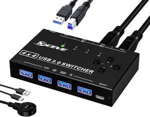 USB3.0 Switch, USB Switcher 4 Computers for Printer Scanner Keyboard Mouse Switch, USB-B Switch, USB Switch Selector with Wired Control and 4 USB Cables...