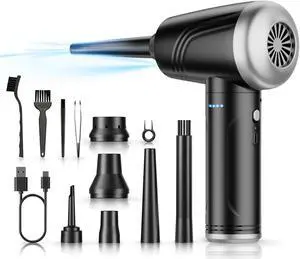 Compressed Air Duster, BANKKY 11-in-1 Cordless Keyboard Cleaner for Office, 120000RPM Electric Air Duster for Computer, Conditioner, etc (Black+Silver)