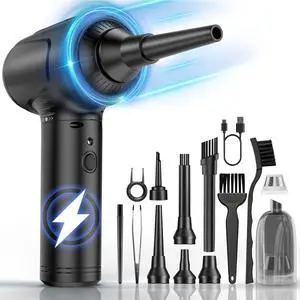 BANKKY Compressed Air Duster, 2 in 1 Electric Air Duster with Mini Computer Vacuum Cleaner, 3-Gear 12,0000 RPM Dust Blower, Reusable no Canned Keyboard Cleaner for Office, 9000mAh Battery, LED Light