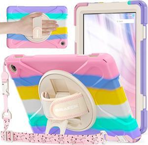 BRAECNstock Kids Case for  Fire HD 10 Tablet 13th Gen 2023 Shockproof Protective Kindle Fire HD 10 Case with Screen Protector Rotating Hand Strap+Stand Shoulder Strap Pen Holder - Colorful Pink