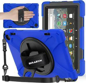BRAECNstock for  Fire HD 8 Tablet Case 12th Generation 2022 8 inch with Rotating Hand Strap + Stand Shouler Strap Pen Holder Shockproof Rugged Kindle Fire HD 8 Protective Case for Kids - Blue