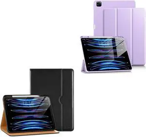 DTTO for iPad Pro 12.9 Inch 6th / 5th / 4th / 3rd Generation Case with Pencil Holder, Premium Leather Folio Stand Cover and Smart Slim Trifold Stand Case, Black/Taro Purple