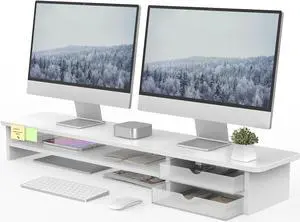 Fenge Monitor Stand, Dual Monitor Riser, 42.5inch Large Desk Computer Monitor Stand Riser with Drawer, 2 Tier Wood & Acrylic Desktop Organizer for Computer, Laptop, Printer, TV Screen Riser