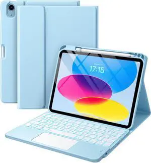 Harvopu Compatible for iPad 10th Generation Case with Keyboard (10.9", 2022), Keyboard Cover with Pencil Holder, Multi-Touch Trackpad, 7 Color Backlit, Detachable Keyboard for iPad 10 Gen (Sky Blue)