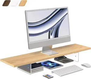 LA QUEENIE Monitor Stand Riser,Wood & Acrylic Computer Monitor Stand with LED Light,Desk Accessories Desktop Organizer Stand for Computer,Laptop,Printer,PC & TV Screen Riser