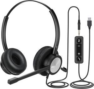 MKJ USB Headset with Microphone for PC, USB/3.5mm Computer Headset for Call Center & Home Office, Noise Cancelling Wired Headphone for Laptop, Skype, Ms Teams, Zoom, Webinar