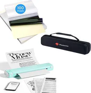 Phomemo M08F Portable Thermal Printer & Tattoo Transfer Paper - 100 Sheets A4 Size & Case, Bluetooth Wireless Inkless Thermal Printers for Travel & Office
