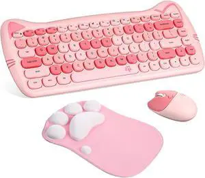 Saysurey 13.6 x 6 x 1 Cute Cat Keyboard and Mouse Sets Wireless with Cat Paw Mouse Pad for Girls and Kids, Keyboard Mouse Combo Silent Colorful 84 Keys 2.4 GHz Connectivity for Office Computer