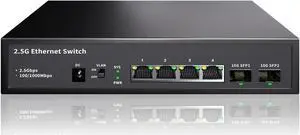 STEAMEMO 6-Port 2.5G Unmanaged Ethernet Switch, 4X 2.5G Base-T Ports, 2X 10G SFP, 60Gbps Switching Capacity, Compatible with 100/1000/2500Mbps, 2.5Gb Network Switch for Wireless AP, NAS, PC
