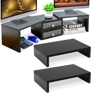 TEAMIX 2 Pack and 2 Drawers Black Monitor Stand Riser for 2 Monitors/Laptop/PC, Wood Screen/TV Stand Desk Organizer.