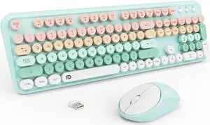 Wireless Keyboards Mouse Combos, Colorful Cute Typewriter Full-Size Retro Round Keycaps, 2.4GHz Cordless Sleep Mode Office Quiet Wireless Keyboard and Mouse Set for Desktop Laptop PC Computer