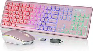Wireless Keyboard and Mouse Combo - RGB Backlit, Rechargeable & Light Up Letters, Full-Size, Ergonomic Tilt Angle, Sleep Mode, 2.4GHz Quiet Keyboard Mouse for Mac, Windows, Laptop, PC, Trueque, Rose