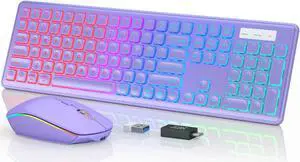 Wireless Keyboard and Mouse Combo, RGB Backlit, Rechargeable & Light Up Letters, Full-Size, Ergonomic Tilt Angle, Sleep Mode, 2.4GHz Quiet Keyboard Mouse for Mac, Windows, Laptop, PC, Trueque(Purple)