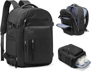 WEPOET Black Travel Backpack For Women Men Carry On Backpack Flight Approved Travel Bag Personal Item Waterproof Luggage Backpack With Shoe & Laptop Compartment