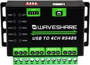 Waveshare Industrial USB to 4Ch RS485 Converter, Multi Protection Circuits, Multi Systems Support, Aluminium Alloy Case, Wall-Mount & Rail-Mount Support