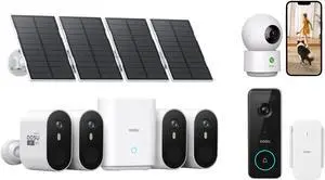AOSU SolarCam Pro System 4-Kit + 2K Indoor Camera + 5MP Doorbell Camera - No Monthly Fee