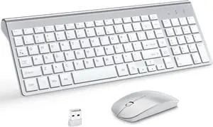 Wireless Keyboard and Mouse with Mouse Pad Ultra Slim Combo, MOOJAY 2.4G USB Quiet Compact Scissor Switch Keyboard Mice Set with Cover, 2 AA and 2 AAA Batteries, for Laptop/PC/Windows - Silver White
