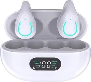 Obbug Clip-On Open Ear Headphones Wireless Bluetooth 5.3 Earbuds with Earhooks 80 Hours Playtime with Charging Case,IPX4 Waterproof Earphones for Running, Walking, Workout (White)