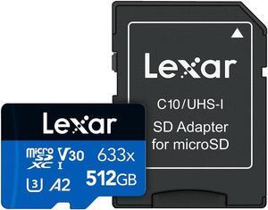 Lexar High-Performance 633x 512GB microSDXC UHS-I Card w/ SD Adapter, C10, U3, V30, A2, Full-HD & 4K Video, Up To 100MB/s Read, for Smartphones, Tablets, and Action Cameras (LSDMI512BBNL633A)