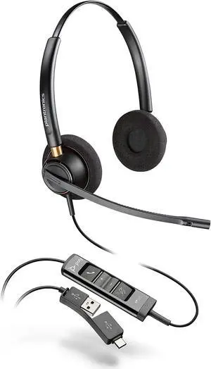 Poly - EncorePro 525 USB-A and USB-C USB Headset (Plantronics) - Acoustic Hearing Protection - Hold & Call Answer Buttons - Dual Ear Wearing Style,Black