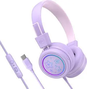 MEE audio KidJamz KJ55 Safe Listening USB-C Headphones for Children with Multicolor LED Lights, Volume Limiter, & Mic; On-Ear Wired Headset for iPhone 15, iPad, & USB Type C Devices (Lavender)