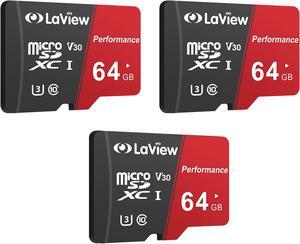 LaView 64GB Micro SD Card 3 Pack, Micro SDXC UHS-I Memory Card - 95MB/s,633X,U3,C10, Full HD Video V30, A1, FAT32, High Speed Flash TF Card P500 for Computer with Adapter/Phone/Tablet/PC
