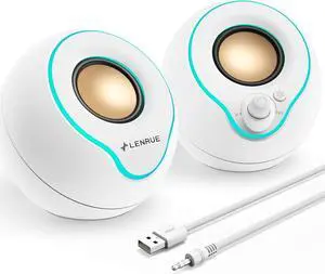 LENRUE Computer Speakers, PC Speakers with Colorful Lights Button, Volume Knob, 45 ° Tilt, Loud Sound, AUX and USB Powered for PC Desktop Monitor Laptop