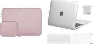MOSISO Compatible with MacBook Air 13 inch Case 2022-2018 Release A2337 M1 A2179 A1932, Plastic Hard Shell&Neoprene Bag with Small Case&Keyboard Cover&Screen Protector&Pouch, Transparent&Baby Pink