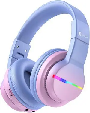 iClever BTH12 Kids Headphones, Colorful LED Lights Kids Bluetooth Headphones with 74/85/94dB Volume Limited Over Ear, 40H Playtime, Built-in Mic for School/Tablet/PC/Airplane (Gradient Pink)
