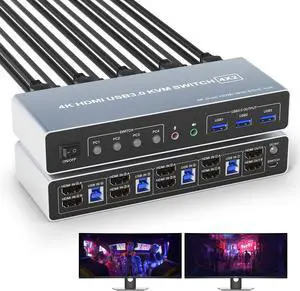 USB 3.0 HDMI KVM Switch for 4 Computers and 2 Monitors - 4K@60Hz 4 Port Dual Monitor Support With EDID, Audio Microphone Output, and 3 USB 3.0 Ports