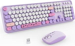 FOPETT Wireless Keyboard and Mouse Combo - 2.4G Full-Sized Cute Colorful Retro Keyboard with Round Keycaps 104 Keys Typewriter Keyboard for Laptop/Windows/PC - Purple Colorful