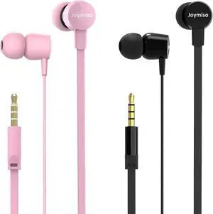 Joymiso Tangle Free Earbuds for Kids Women Small Ears with Case Blue and Pink Bundle, Comfortable Lightweight, Flat Cable Wired Earphones with Microphone and Volume Control for Cell Phone Laptop