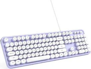 MOWUX Computer Keyboard Wired, Plug and Play USB Retro Round Typewriter Keyboard, Full Size Wired Keyboard with Foldable Stands for Laptop and Office PC- Purple White Colorful
