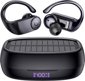 Wireless Earbuds Bluetooth Headphones with Earhooks[Solar Charging &Wireless Charging with LED Display][IPX7 Waterproof ]Wireless Over Ear Buds Built-in Mics Headset for Sport Running Workout-Black