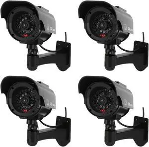 NONMON 4 Pack Outdoor Fake Security Camera, Bullet Dummy Security Camera Simulated Surveillance System with Realistic Red Flashing Lights and Warning Sticker,Solar Powered
