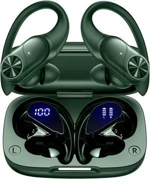 PocBuds Bluetooth Headphones Wireless Earbuds 80hrs Playtime Wireless Charging Case Digital Display Sports Ear Buds with Earhook Deep Bass IPX7 Waterproof Over-Ear Earphones for TV Phone Laptop Olive