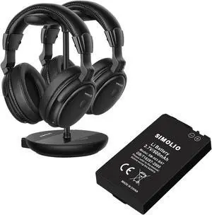 SIMOLIO Dual Wireless TV Headphones with 2 Spare Batteries/Transmitter/Charging Stand 2-in-1, Wireless TV Headphones w/Dialogue Clarity & BAL & Tone Control, by-Pass, 100ft Range