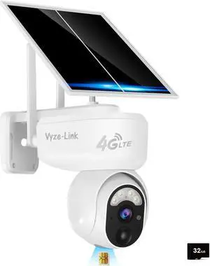 Vyze-Link 4G Cellular Security Camera with Sim Card, Outdoor Solar LTE Cameras with Night Vision, 1080P Live Video, Motion Activated Wildlife Cameras for Backyard with Phone App, Memory Card Included