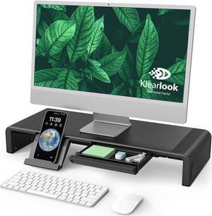 Monitor Stand Riser, Klearlook Foldable Computer Monitor Riser,Height Adjustable Computer Stand, Desk Shelf Riser with Storage Drawer & Tablet Phone Stand for Computer, Desktop, Laptop (Black)